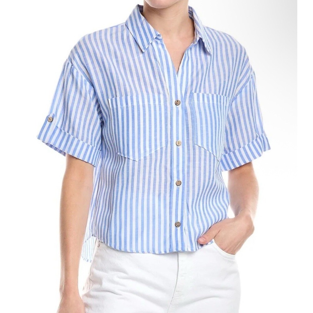 Jason Wu Medium Linen Blend Short Sleeve Rolltab Striped Coastal Greece Beach